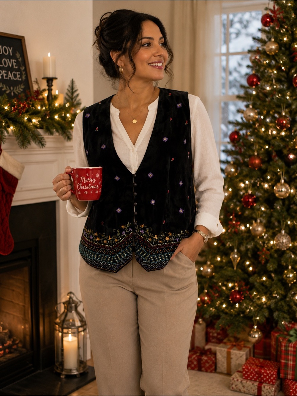 Vintage Women's Black Embroidered Velvet Vest - Festive Layering